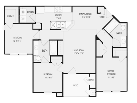 Floor plan for 3 beds, 2 baths, 1160 sqft